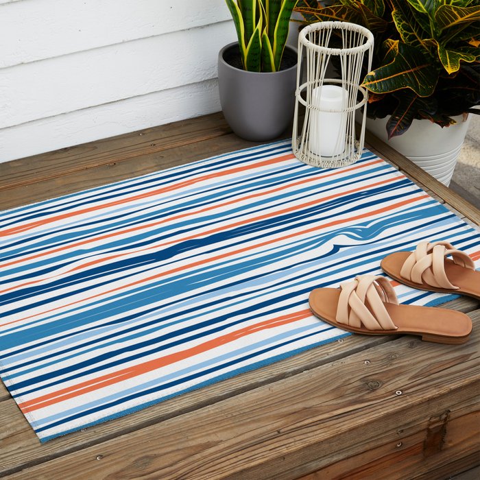 Modern Abstract Ocean Wave Stripes in Classic Blues and Orange Outdoor Rug Gallery Image 2