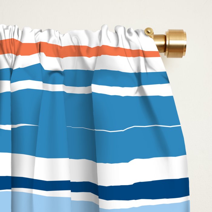Modern Abstract Ocean Wave Stripes in Classic Blues and Orange Window Curtain Gallery Image 2