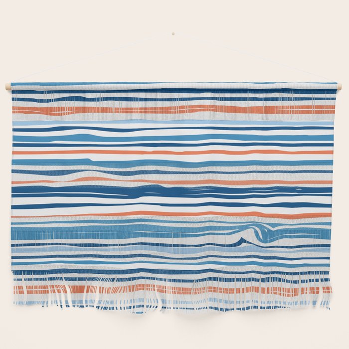 Modern Abstract Ocean Wave Stripes in Classic Blues and Orange Wall Hanging Gallery Image 1