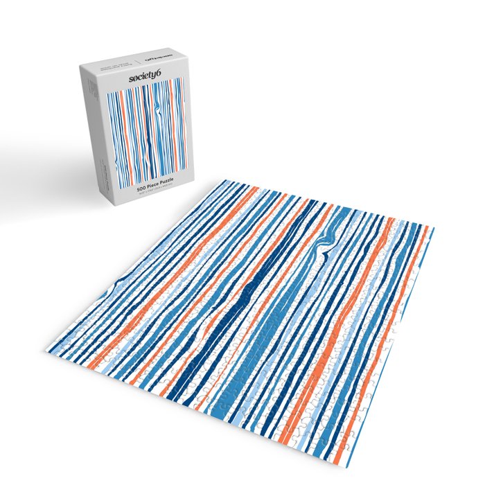 Modern Abstract Ocean Wave Stripes in Classic Blues and Orange Jigsaw Puzzle Gallery Image 2