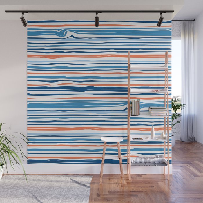 Modern Abstract Ocean Wave Stripes in Classic Blues and Orange Wall Mural Gallery Image 1