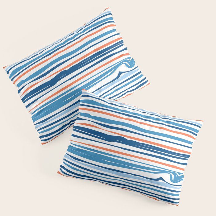 Modern Abstract Ocean Wave Stripes in Classic Blues and Orange Pillow Sham Gallery Image 1
