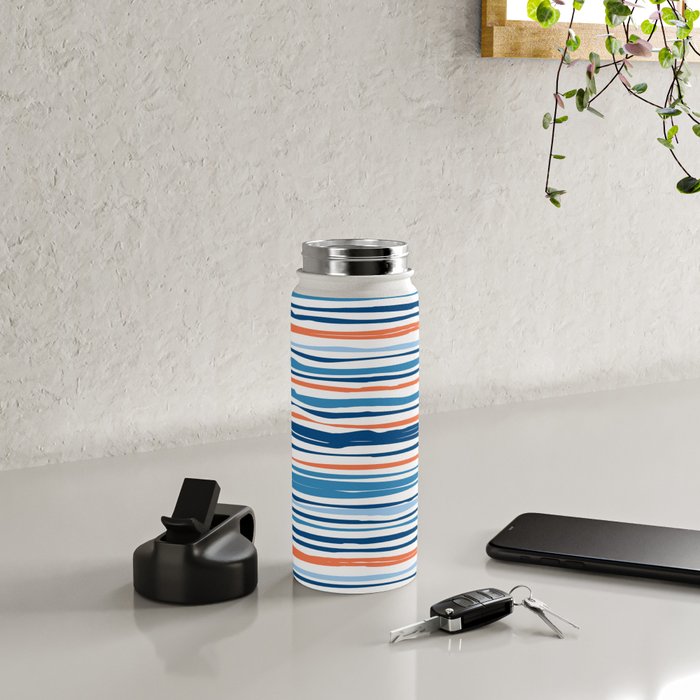 Modern Abstract Ocean Wave Stripes in Classic Blues and Orange Water Bottle Gallery Image 4