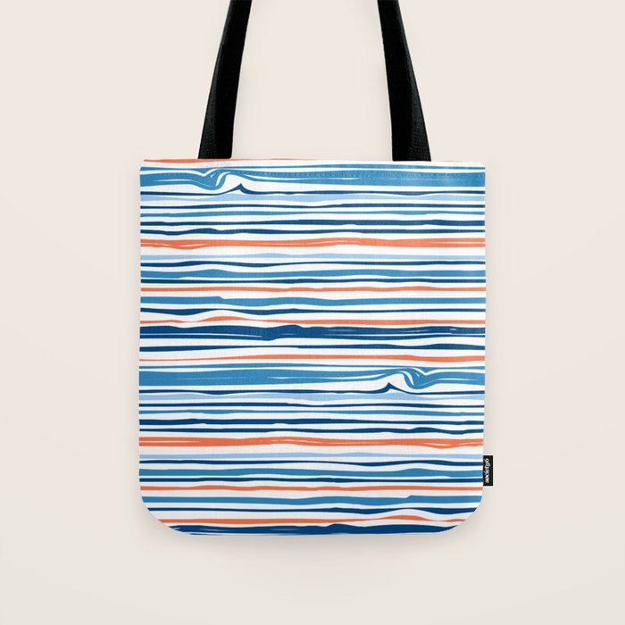 Modern Abstract Ocean Wave Stripes in Classic Blues and Orange Tote Bag Gallery Image 1