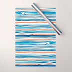 Modern Abstract Ocean Wave Stripes in Classic Blues and Orange Wrapping Paper Gallery Image 1