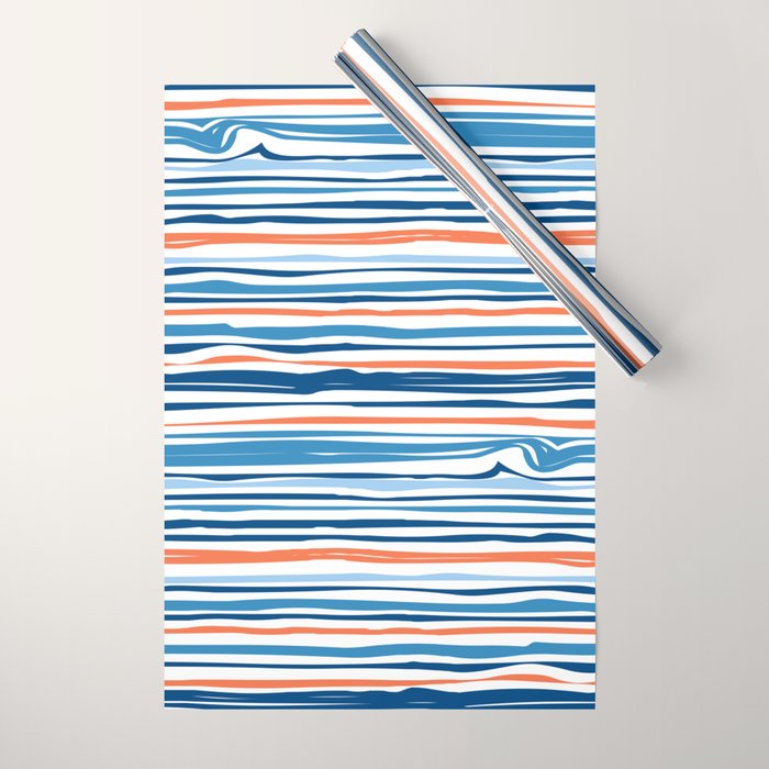 Modern Abstract Ocean Wave Stripes In Classic Blues And Orange Wrapping Paper Gallery Image 1