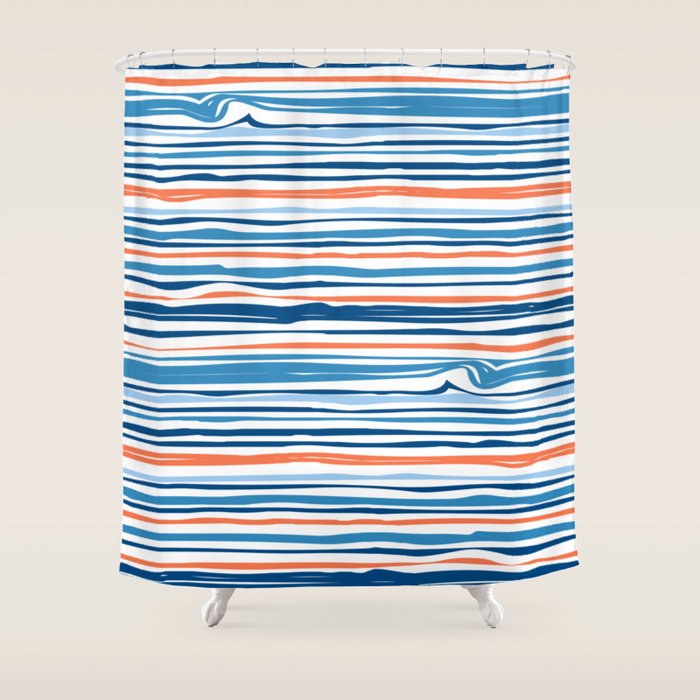 Modern Abstract Ocean Wave Stripes in Classic Blues and Orange Shower Curtain Gallery Image 1