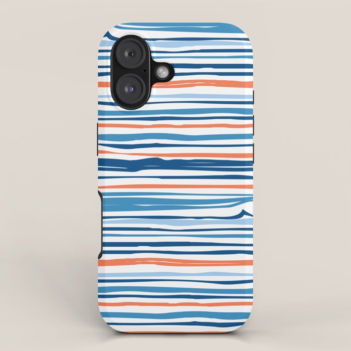 Modern Abstract Ocean Wave Stripes in Classic Blues and Orange iPhone Case Gallery Image 1