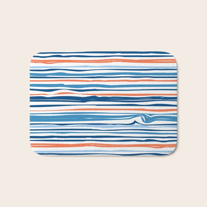 Modern Abstract Ocean Wave Stripes in Classic Blues and Orange Bath Mat Gallery Image 1