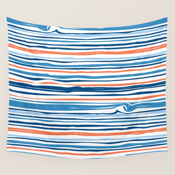 Modern Abstract Ocean Wave Stripes in Classic Blues and Orange Wall Tapestry Gallery Image 4