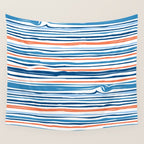 Modern Abstract Ocean Wave Stripes in Classic Blues and Orange Wall Tapestry Gallery Image 4