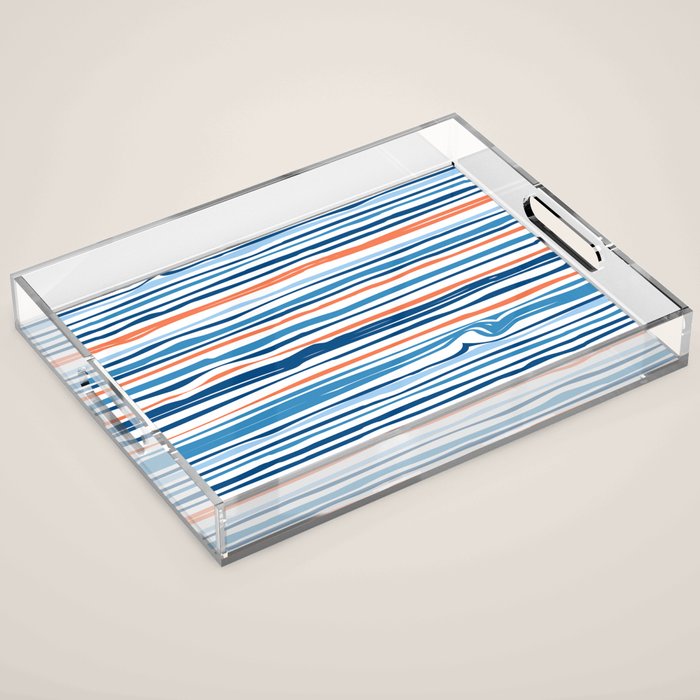 Modern Abstract Ocean Wave Stripes in Classic Blues and Orange Acrylic Tray Gallery Image 1