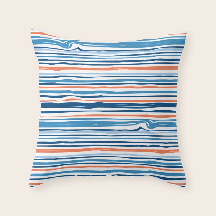 Modern Abstract Ocean Wave Stripes in Classic Blues and Orange Throw Pillow Gallery Image 6
