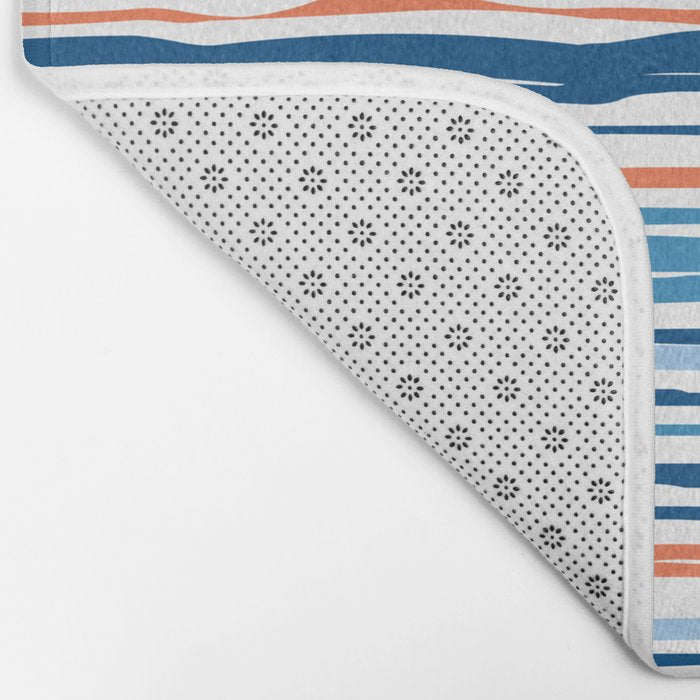 Modern Abstract Ocean Wave Stripes in Classic Blues and Orange Bath Mat Gallery Image 2