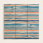 Modern Abstract Ocean Wave Stripes in Classic Blues and Orange Wood Wall Art Gallery Image 1