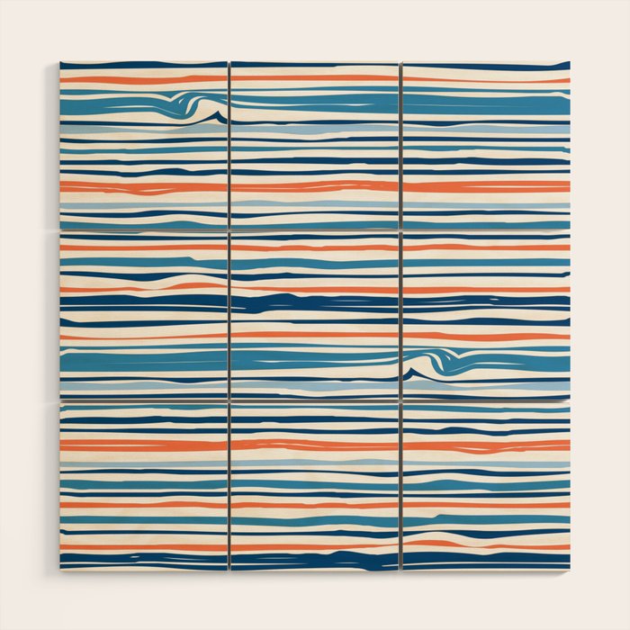Modern Abstract Ocean Wave Stripes in Classic Blues and Orange Wood Wall Art Gallery Image 1