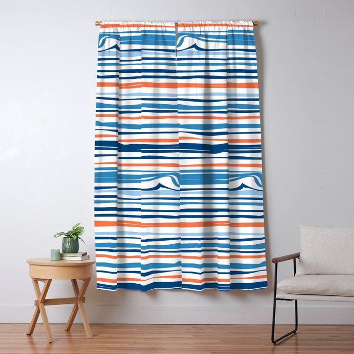 Modern Abstract Ocean Wave Stripes in Classic Blues and Orange Window Curtain Gallery Image 5