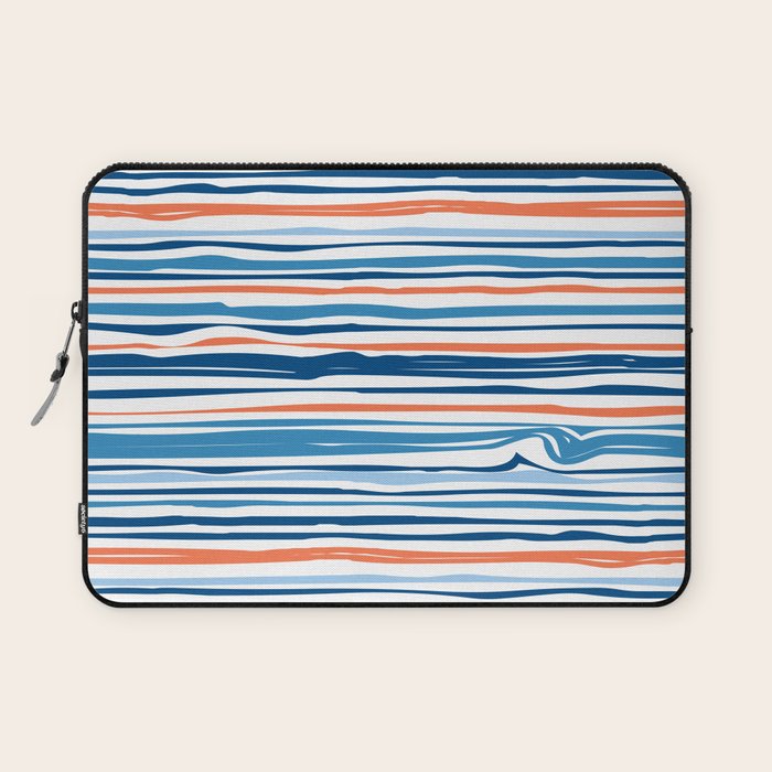 Modern Abstract Ocean Wave Stripes in Classic Blues and Orange Laptop Sleeve Gallery Image 1