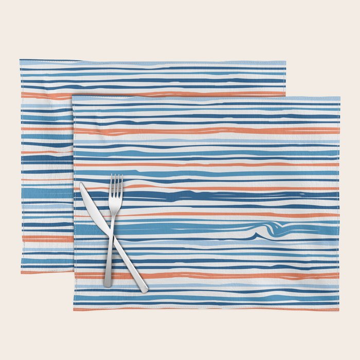 Modern Abstract Ocean Wave Stripes in Classic Blues and Orange Placemat Gallery Image 1