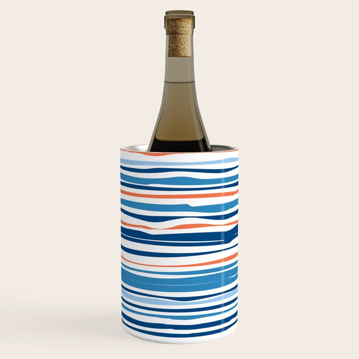 Modern Abstract Ocean Wave Stripes in Classic Blues and Orange Wine Chiller Gallery Image 2