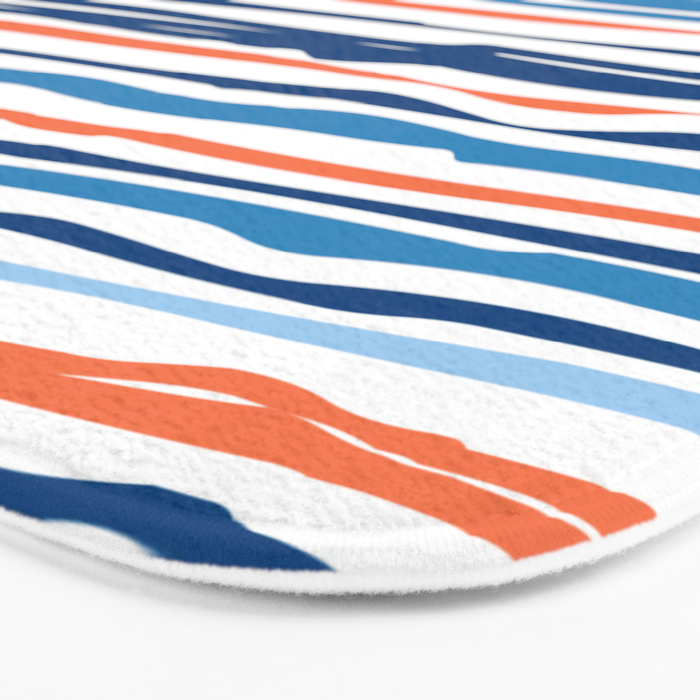 Modern Abstract Ocean Wave Stripes in Classic Blues and Orange Bath Mat Gallery Image 3