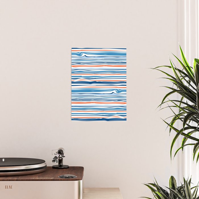 Modern Abstract Ocean Wave Stripes in Classic Blues and Orange Poster Gallery Image 2