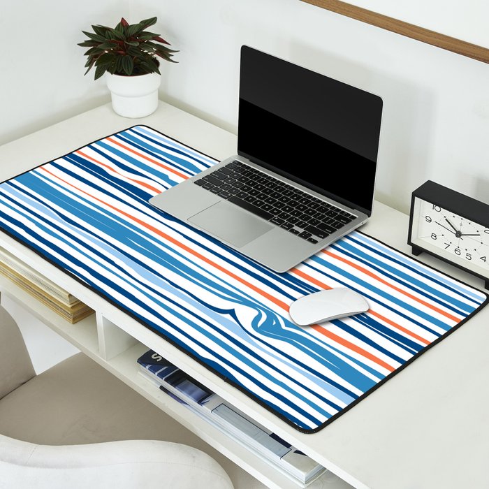 Modern Abstract Ocean Wave Stripes in Classic Blues and Orange Desk Mat Gallery Image 2