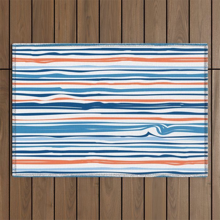 Modern Abstract Ocean Wave Stripes in Classic Blues and Orange Outdoor Rug Gallery Image 1