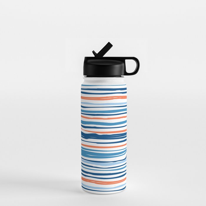 Modern Abstract Ocean Wave Stripes in Classic Blues and Orange Water Bottle Gallery Image 1