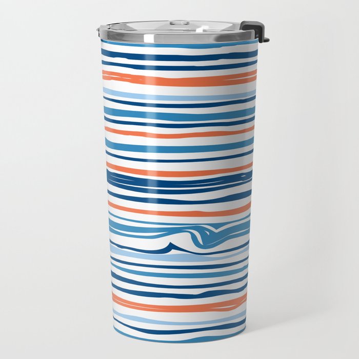 Modern Abstract Ocean Wave Stripes in Classic Blues and Orange Travel Mug Gallery Image 2