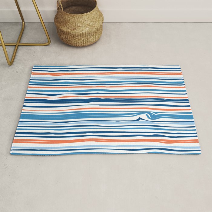 Modern Abstract Ocean Wave Stripes in Classic Blues and Orange Rug Gallery Image 1