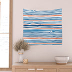 Modern Abstract Ocean Wave Stripes in Classic Blues and Orange Wall Tapestry Gallery Image 2