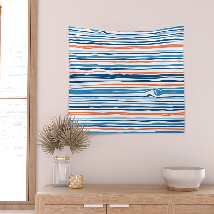 Modern Abstract Ocean Wave Stripes in Classic Blues and Orange Wall Tapestry Gallery Image 2