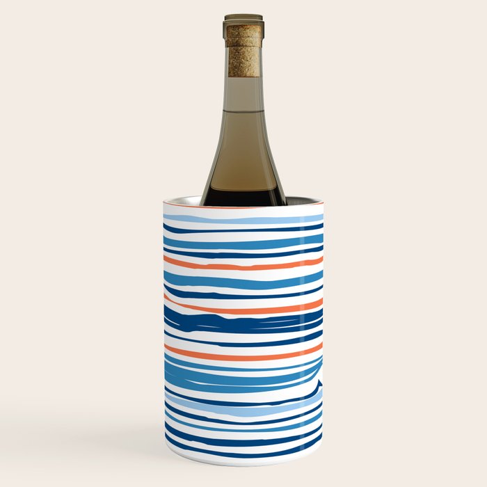 Modern Abstract Ocean Wave Stripes in Classic Blues and Orange Wine Chiller Gallery Image 1