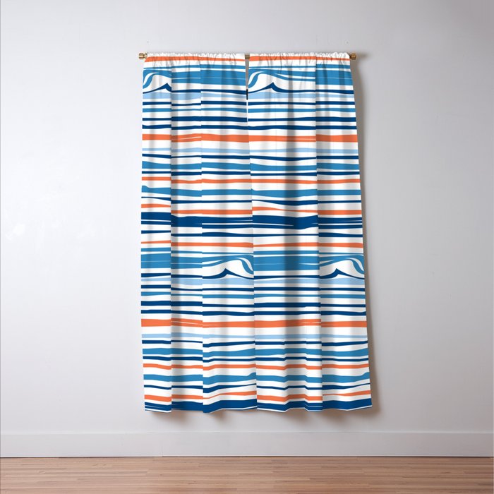 Modern Abstract Ocean Wave Stripes in Classic Blues and Orange Window Curtain Gallery Image 3