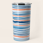 Modern Abstract Ocean Wave Stripes in Classic Blues and Orange Travel Mug Gallery Image 1