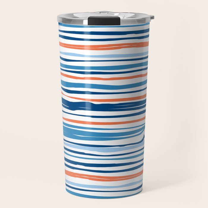 Modern Abstract Ocean Wave Stripes in Classic Blues and Orange Travel Mug Gallery Image 1