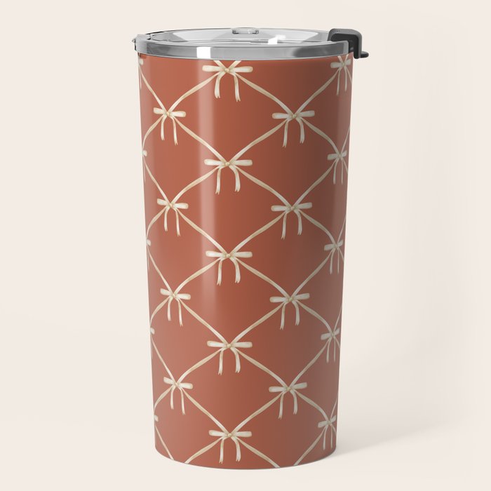 Bows & Ribbons Pattern LVIII Terracotta Orange Travel Mug Gallery Image 2