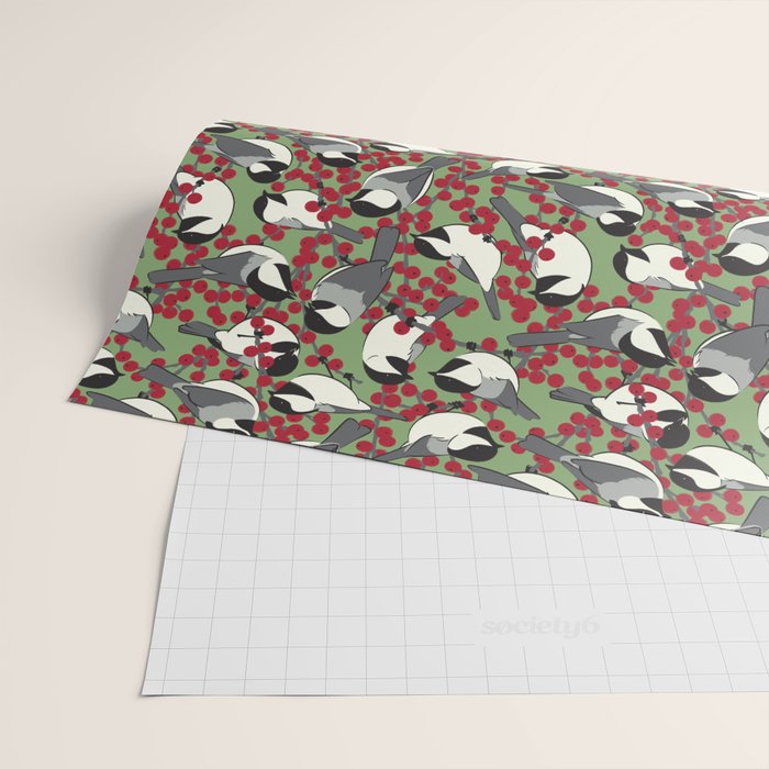 Chickadees & Winterberry Holly Wrapping Paper Gallery Image 2