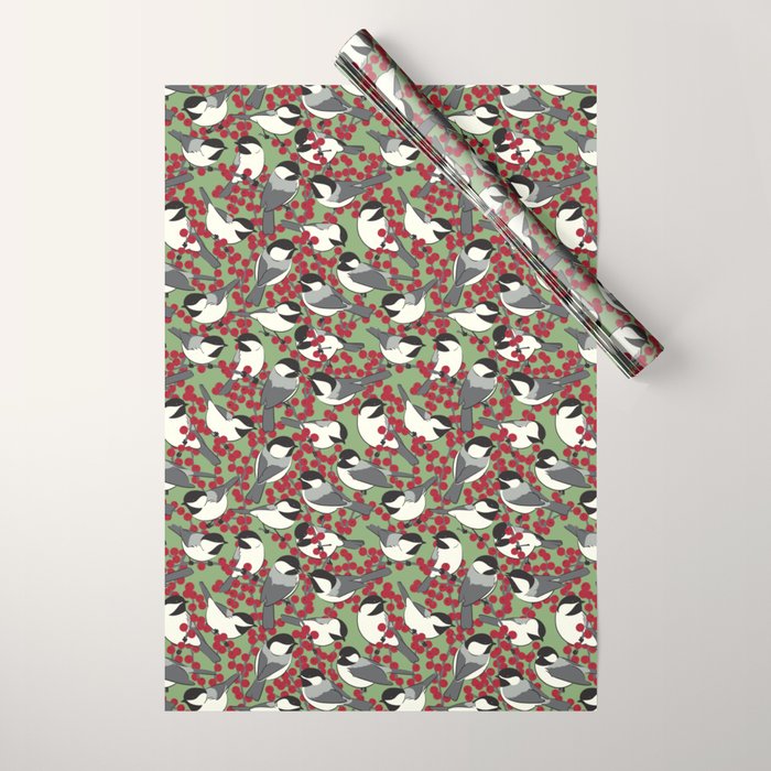 Chickadees & Winterberry Holly Wrapping Paper Gallery Image 1