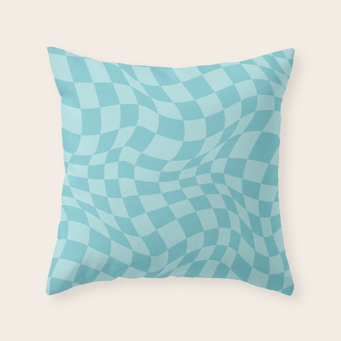 Warped Checkered Pattern in Aqua Blue, Wavy Checkerboard Throw Pillow Gallery Image 1