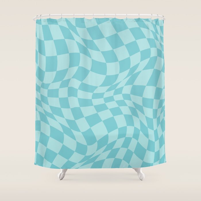 Warped Checkered Pattern in Aqua Blue, Wavy Checkerboard Shower Curtain Gallery Image 1