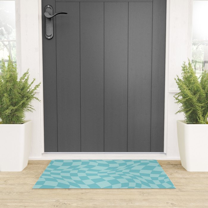 Warped Checkered Pattern in Aqua Blue, Wavy Checkerboard Welcome Mat Gallery Image 3