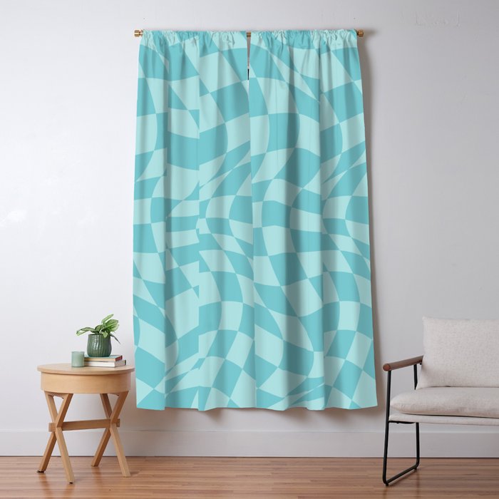 Warped Checkered Pattern in Aqua Blue, Wavy Checkerboard Window Curtain Gallery Image 1