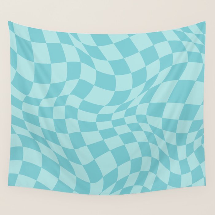 Warped Checkered Pattern in Aqua Blue, Wavy Checkerboard Wall Tapestry Gallery Image 4