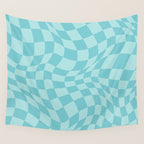 Warped Checkered Pattern in Aqua Blue, Wavy Checkerboard Wall Tapestry Gallery Image 4