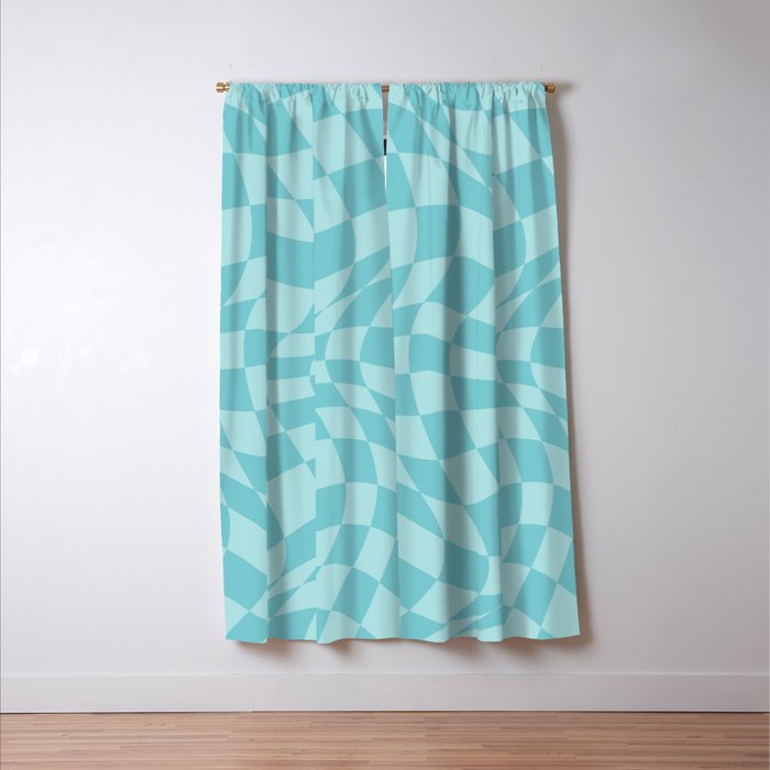 Warped Checkered Pattern in Aqua Blue, Wavy Checkerboard Window Curtain Gallery Image 3