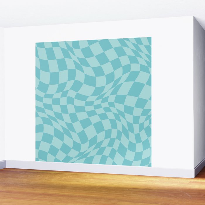 Warped Checkered Pattern in Aqua Blue, Wavy Checkerboard Wall Mural Gallery Image 2
