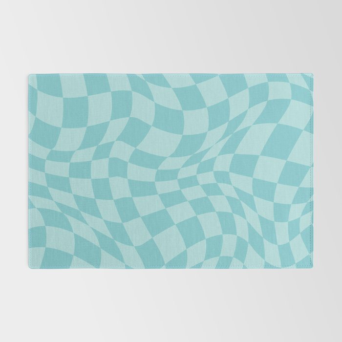 Warped Checkered Pattern in Aqua Blue, Wavy Checkerboard Rug Gallery Image 2