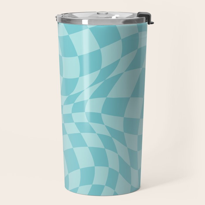 Warped Checkered Pattern in Aqua Blue, Wavy Checkerboard Travel Mug Gallery Image 2